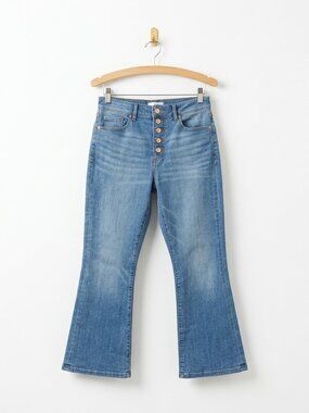 Kick Crop Bootcut Jeans 4 Medium Wash Blue Button Fly High Rise Ankle Denim